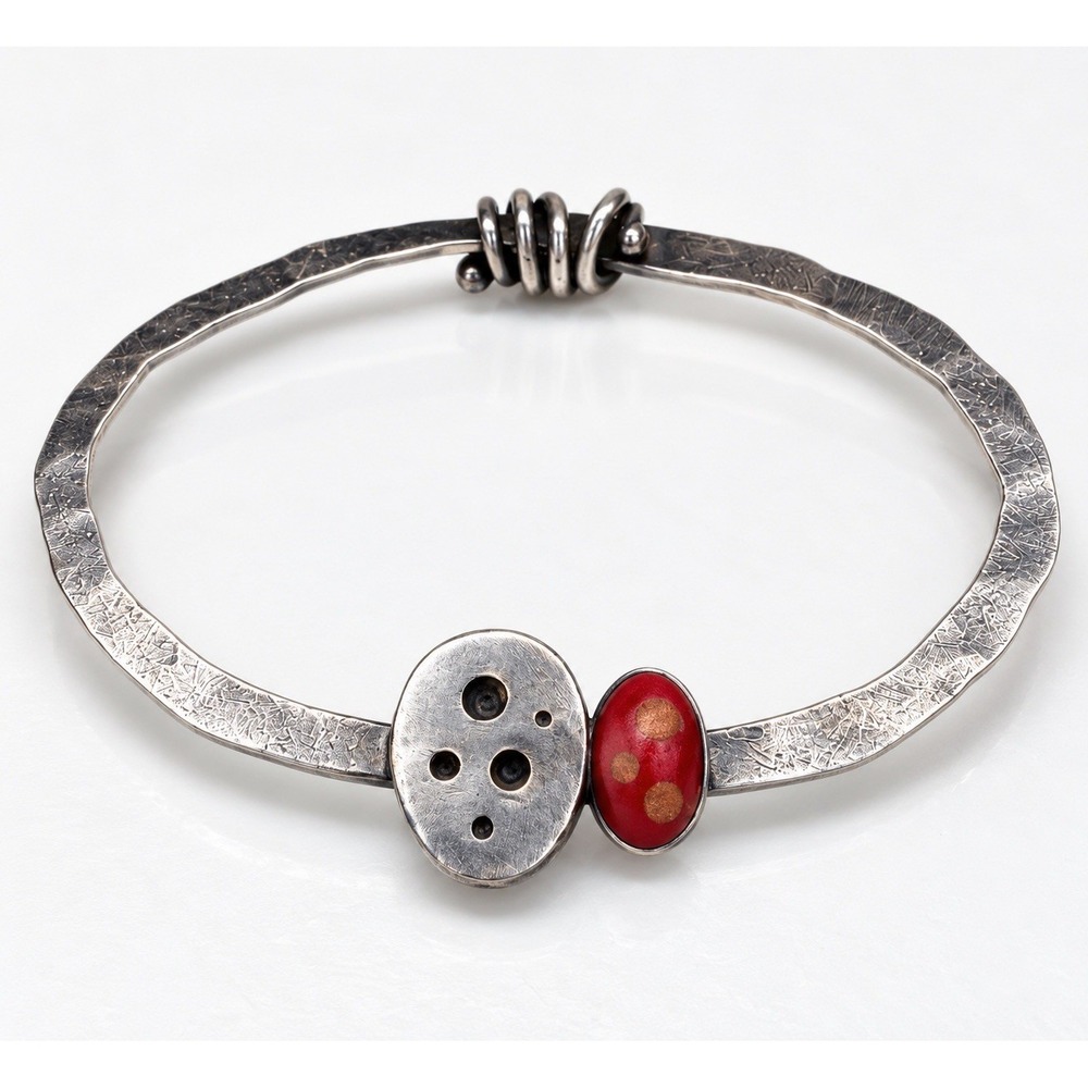 Handmade Sterling Silver Bracelet 9" Artisan Modernist Red Black Enamel 15g